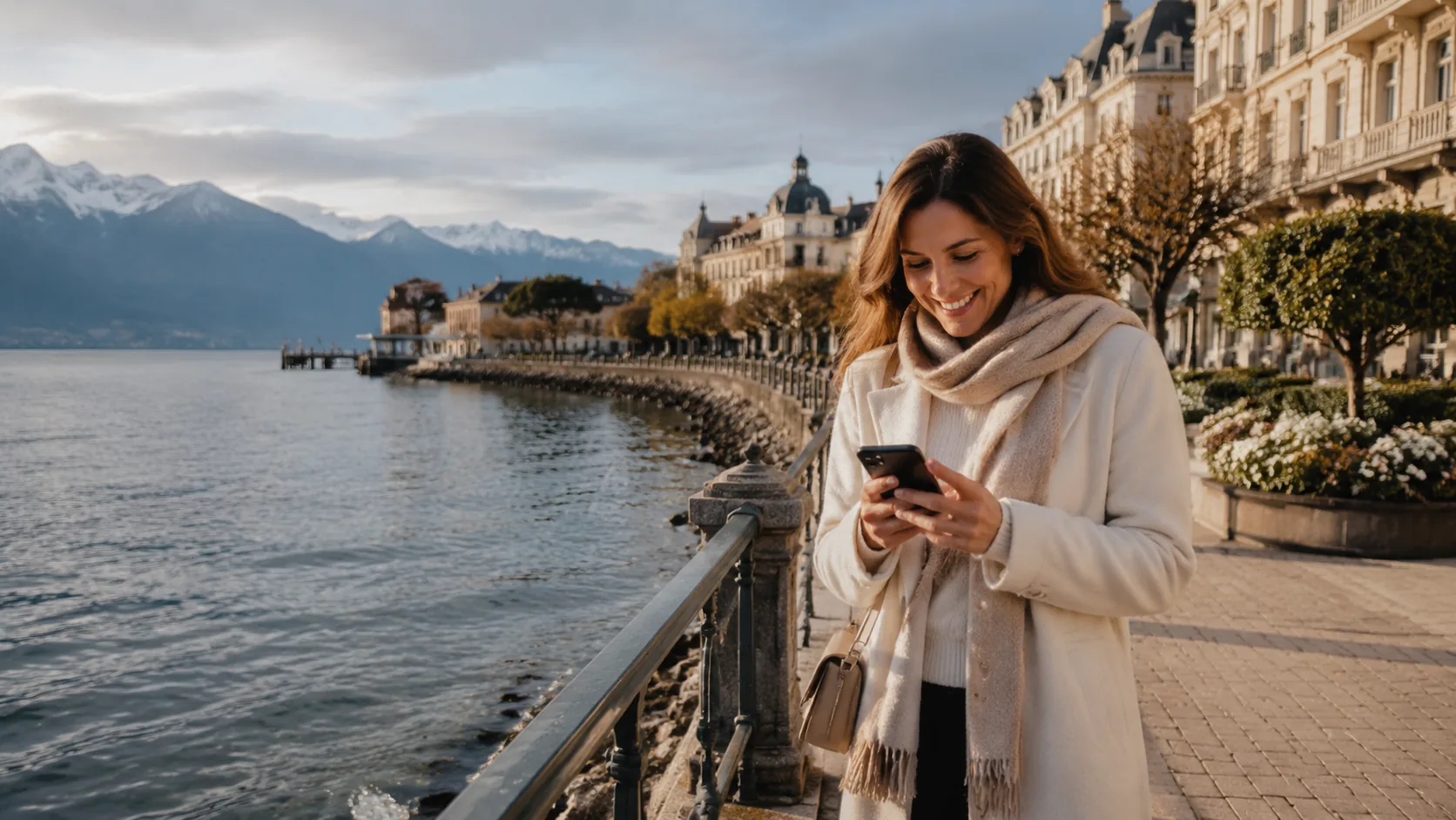 Une femme sourit à son téléphone sur la promenade du lac Léman, les Alpes enneigées derrière elle